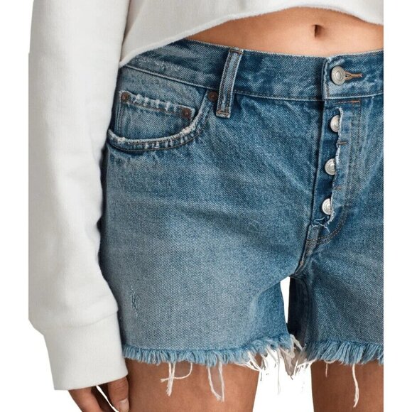 ALLSAINTS Button Denim Boy Shorts In Mid Indigo In Indigo Blue Womens Size 25